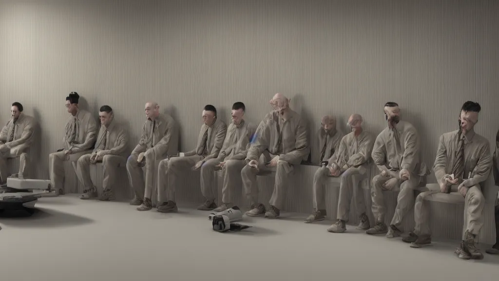 Image similar to inmates in striped suits sitting around a television bolted to the wall, rule of thirds, rendered in octane, rendered in Corona, rendered in vray, rendered in Arnold, insanely detailed, photorealistic, cinematic, global illumination, no grain