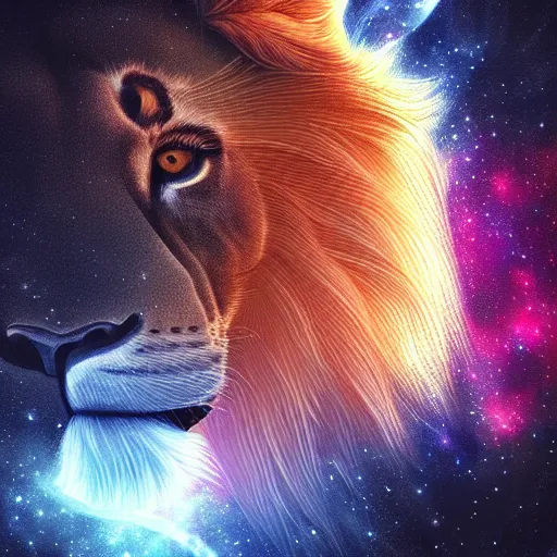 Image similar to geometric lion with galaxy eyes in space, nebula in the background, intricate, elegant, highly detailed, digital painting, artstation, concept art, smooth, sharp focus, illustration, art by artgerm