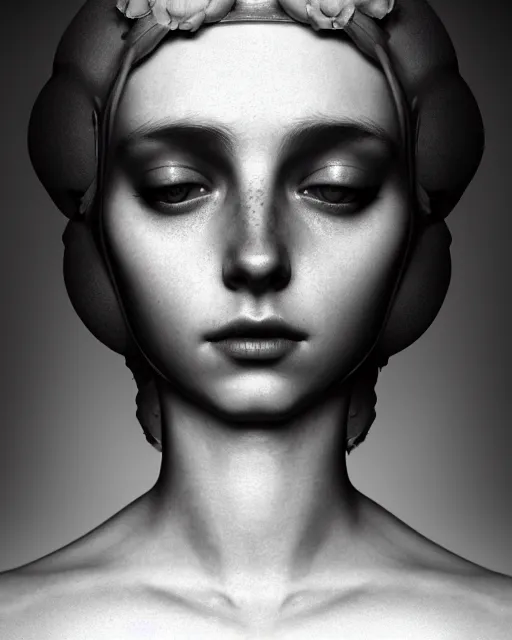 Image similar to dreamy, monochrome, subsurface scattering, white, young beautiful flower - cyborg goddess in cosmos, black and white, octane render, dino valls, mark ryden, highly detailed, rim light, art, cinematic lighting, very coherent, hyper realism, 8 k