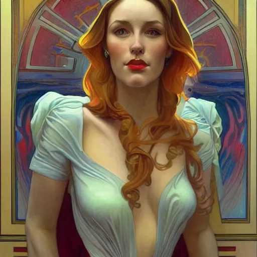 Image similar to a streamline moderne painting in the style of donato giancola, and in the style of charlie bowater, and in the style of alphonse mucha. symmetry, smooth, sharp focus, semi - realism, intricate detail.