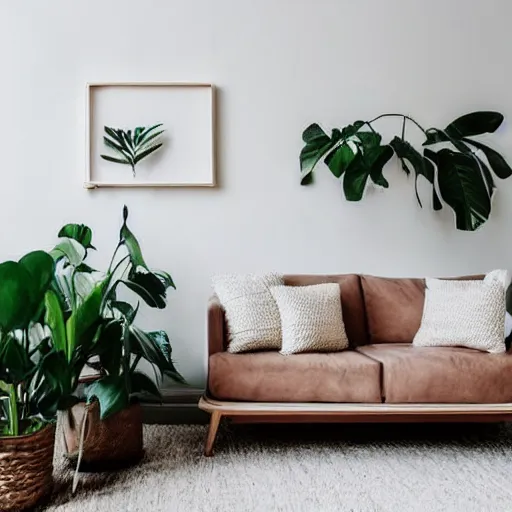 Prompt: minimalist mockup photo of large blank frame on floor with thin light wooden moulding, white background wall, boho carpet, one small potted plant, trending on etsy