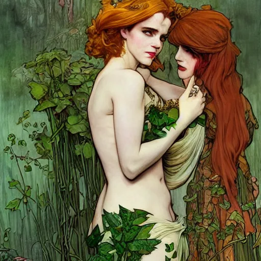 Image similar to a beautiful painting of emma watson and christina hendricks dressed as a poison ivy, dark eyeliner, intricate, elegant, highly detailed, digital painting, artstation, concept art, matte, sharp focus, illustration, art by rebecca guay and by arthur rackham and by alphonse mucha and by john william waterhouse