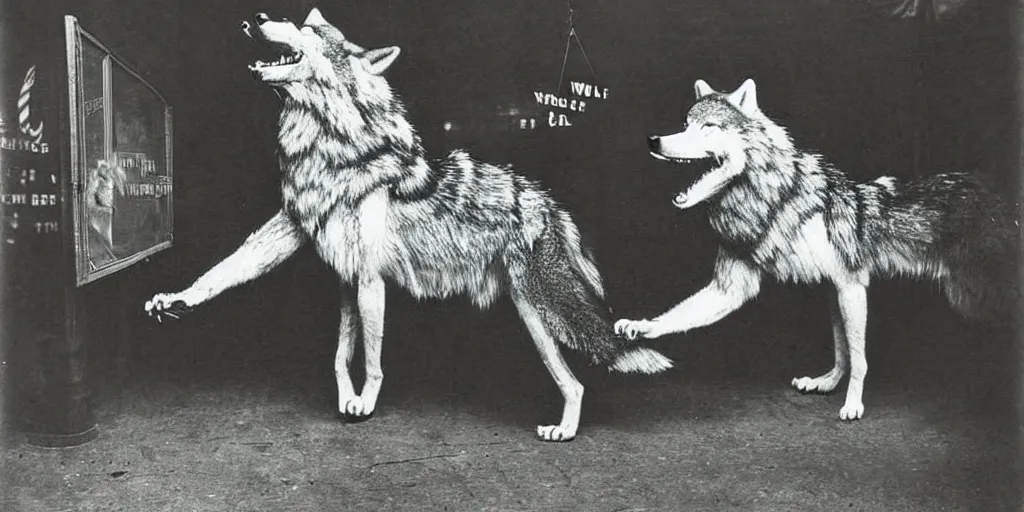 Image similar to anthropomorphic furry wolf at the worlds fair, 1900s photograph