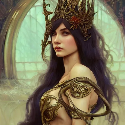 Image similar to a oil painting of a elven queen, cute, fantasy, intricate, elegant, highly detailed, centered, digital painting, artstation, concept art, smooth, sharp focus, illustration, art by artgerm and H R Giger and alphonse mucha