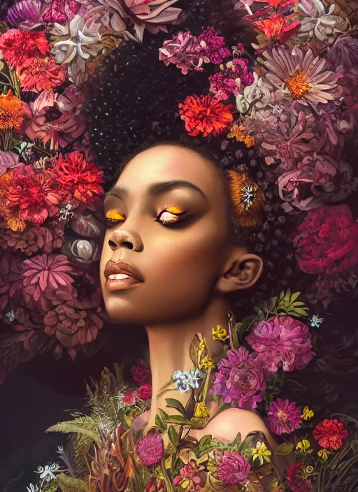 Prompt: portrait of the african queen of the underworld, surrounded by flowers by karol bak, james jean, tom bagshaw, rococo, sharp focus, trending on artstation, cinematic lighting, hyper realism, octane render, 8 k, hyper detailed.