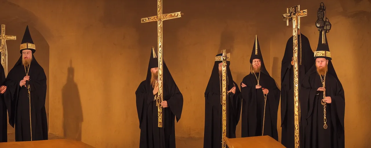 Prompt: three orthodox priests with cute caracal faces, in orthodox church, orthodox icons, volumetric lighting, twilight, atmospheric, ambients, dramatic, noir, blur, bokeh, cinematic, shallow depth of field, 8 0 mm, f 1. 8