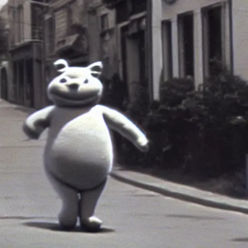 Image similar to still from vhs footage of giant telletubby walking down street