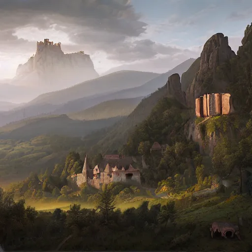 Prompt: Vast verdant empty flat valley surrounded by Transylvanian mountains with a huge zeppelin hovering above it, and a ruined medieval castle on the hillside in the background. No villages. Late evening light in the summer, gloomy weather. Hyperrealistic, high quality, sharp, highly detailed, peter mohrbacher, ansel adams.