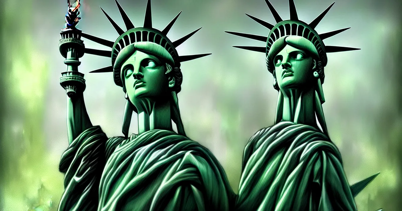 Prompt: statue of liberty as character in minecraft game, beautiful digital art, by bastien lecouffe deharme