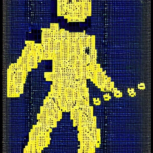 Prompt: a person in a gold and navy astronaut suit based upon medieval armor laser welding the stars into the sky, 8-bit pixel art