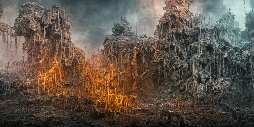 Image similar to ruination, outright devastation, landscape, intricate complexity, horror, rainbow drip paint, psychedelic glitch art, trending on art station, photoreal, 8k, octane render