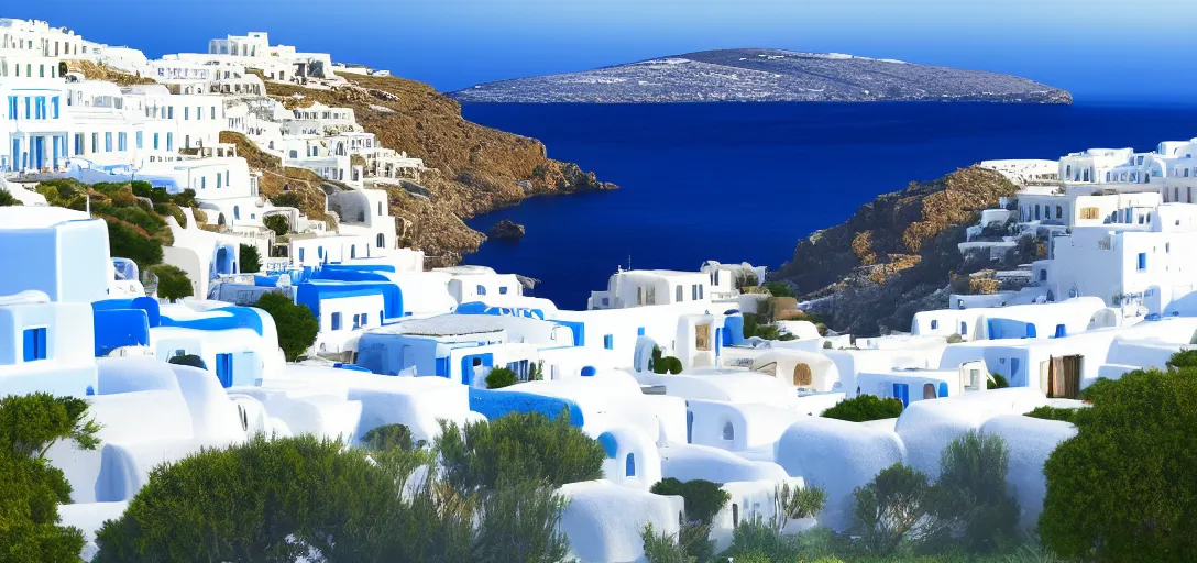 Image similar to beautiful peaceful grecian landscape in summer, blue skies, hills in the far background distance, sea reflecting of the sun, white buildings, mykonos, cinematic lighting, soft glow, wide angle, focus, 3 d artstation render, unreal engine