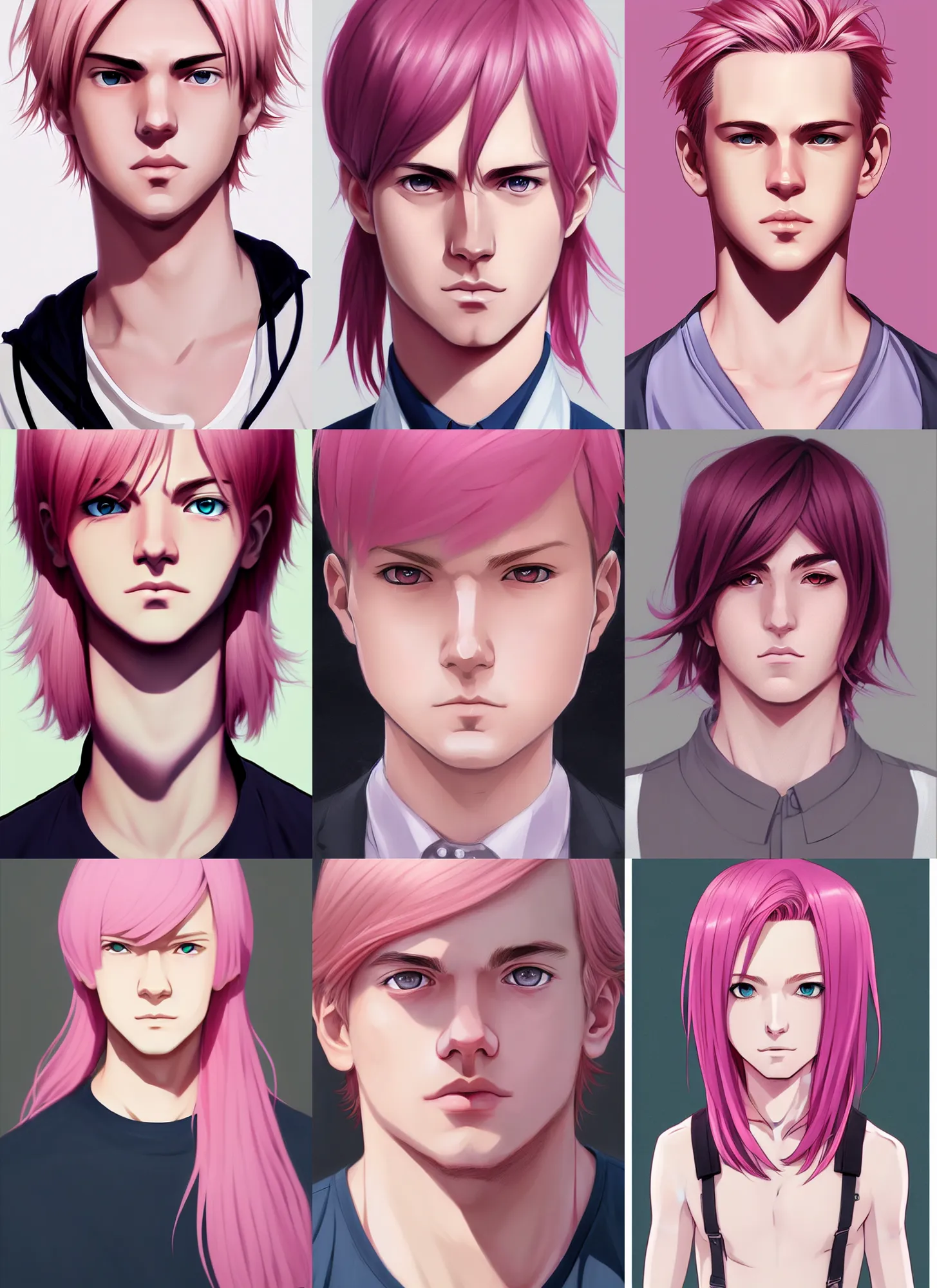 Prompt: portrait art by phil noto, young male, pink hair, beautiful face, symmetrical face, beautiful eyes, semi realistic anime, anime! 4 k