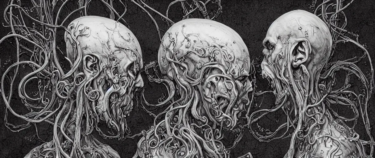 Prompt: centered horrifying detailed side view profile portrait of a insane, crazed, mad old bald zombie, eldritch abomination, dunwitch horror, ornate tentacles growing around, ornamentation, thorns, vines, tentacles, elegant, beautifully soft lit, full frame, by wayne barlowe, peter mohrbacher, kelly mckernan, h r giger