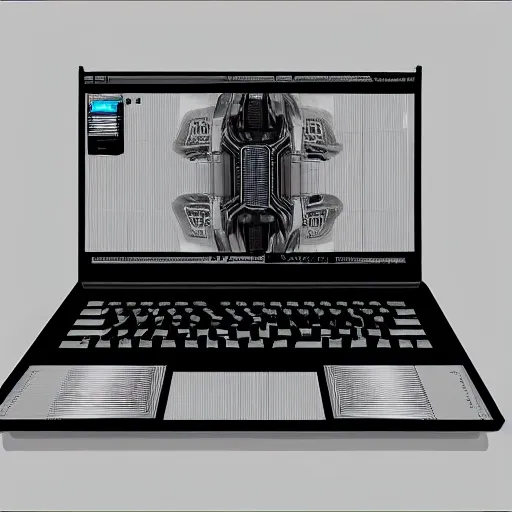 Image similar to drawing of innovative concept laptop by Japanese engineers, blade runner style, 3d, photorealism