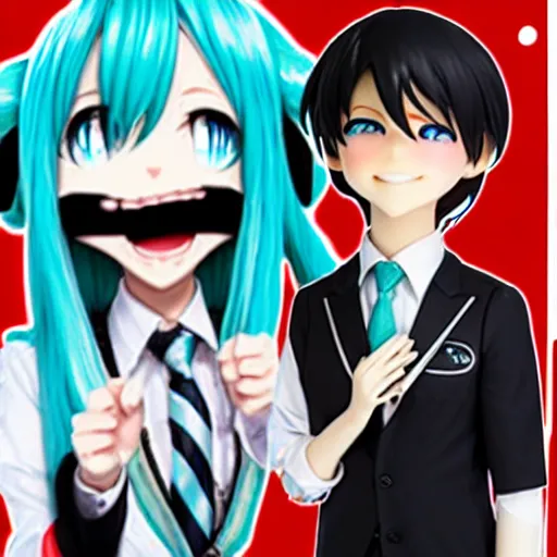 Prompt: hatsune miku and a businessman share domino's pizza