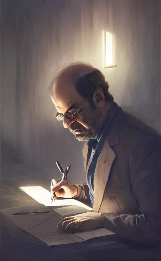 Prompt: portrait of salman rushdie writing in the dark, deep focus, blade runner 2 0 4 9, fantasy, intricate, elegant, highly detailed, digital painting, artstation, concept art, matte, sharp focus, illustration, art by artgerm and greg rutkowski and alphonse mucha