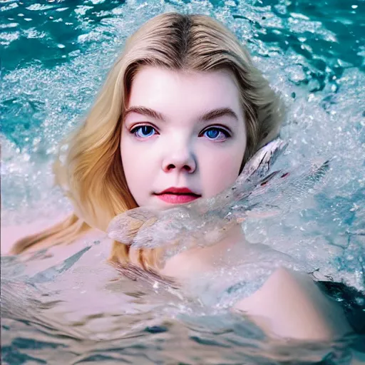 Prompt: a beautiful blonde girl like a angel of anya taylor - joy floating under the deep water, white petal, by personal photography, art by brookskim, closeup, 4 k, highly detailed, instagram