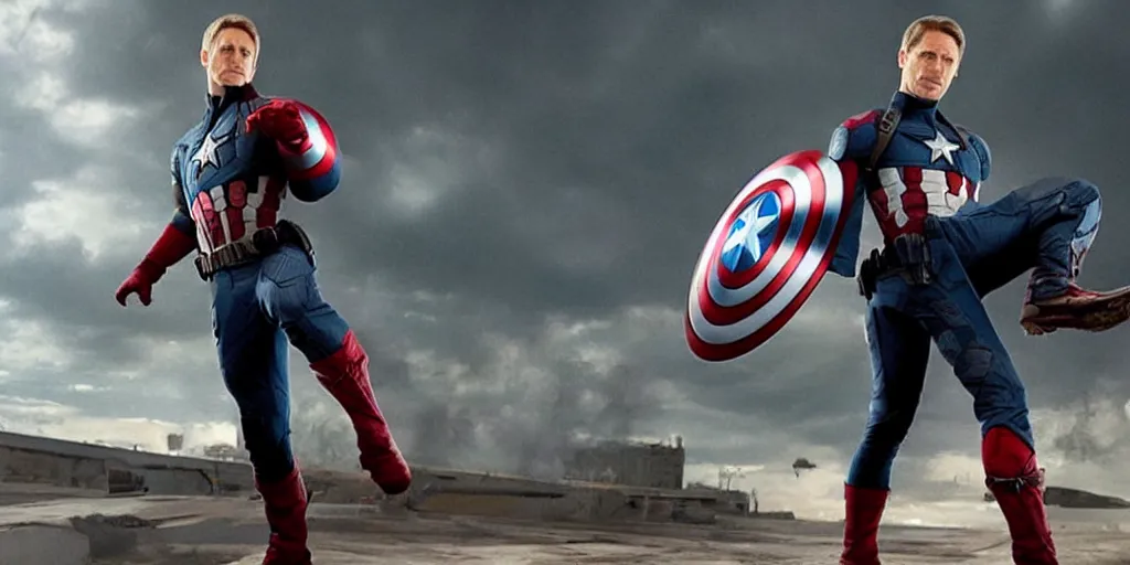 Image similar to “A still of Tony Hawk as Captain America in Marvel’s Avengers”