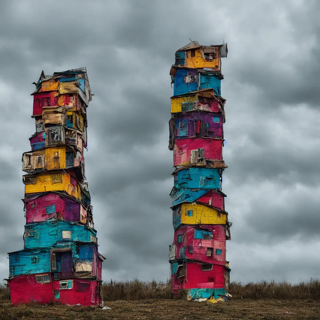 Prompt: close - up view of a tower made up of colourful makeshift squatter shacks, bleached colours, moody cloudy sky, dystopia, hasselblad x 1 d, very detailed, photographed by cristina de middel