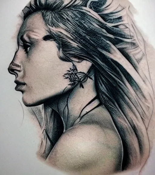 Prompt: realism tattoo sketch of a isabelledeltore face double exposure with nature, in the style of matteo pasqualin, amazing detail, sharp, faded