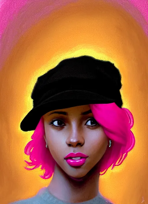 Image similar to portrait of teenage vanessa morgan with bright pink hair, black girl, vanessa morgan, curly pixie cut hair, wearing newsboy cap, newsboy cap, hoop earrings, intricate, elegant, glowing lights, highly detailed, digital painting, artstation, concept art, smooth, sharp focus, illustration, art by wlop, mars ravelo and greg rutkowski