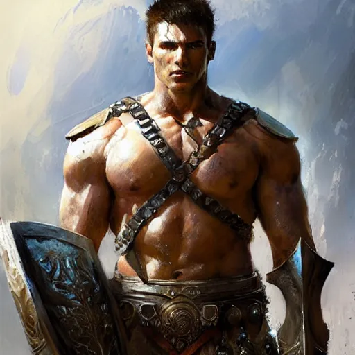 Image similar to a fierce and muscular male warrior in full armor, fantasy character portrait by greg rutkowski, gaston bussiere, craig mullins, simon bisley