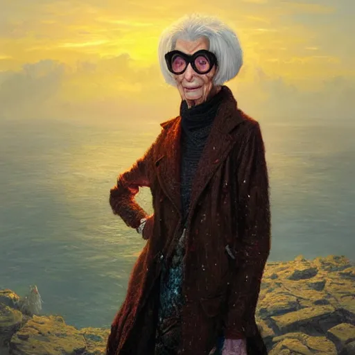 Image similar to portrait of iris apfel, sunset, gorgeous view, depth, painted by seb mckinnon, high detail, digital art, painted by greg rutkowski, trending on artstation