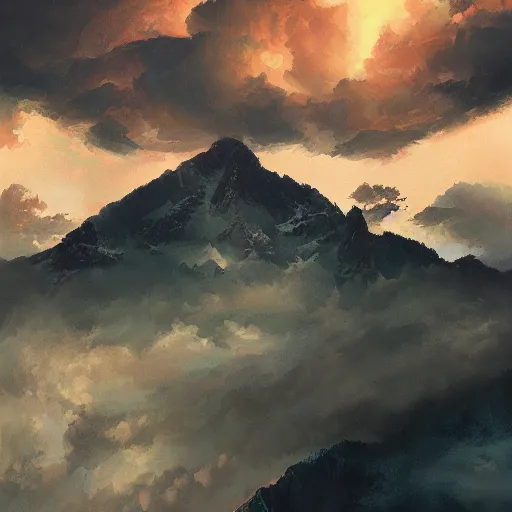 Prompt: a schizophrenic mountain landscape's cloudy sky, by ross tran, oil on canvas