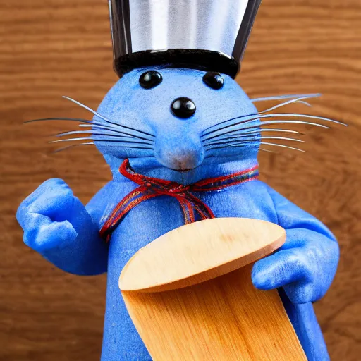 Image similar to blue rat with chef's hat holding a wooden spoon