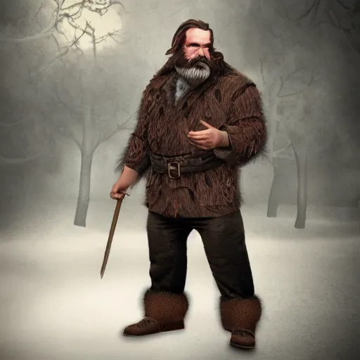 Image similar to fantasy middle - aged burly lumberjack with a beard, render, photorealistic, dungeons and dragons, realistic, dark hair, wearing a fur coat, high quality matte painting, midjourney