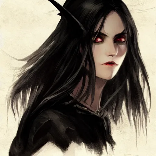 Image similar to female human vampire witch in the style of greg rutkowski, makoto shinkai, trending on artstation, character design, concept art, pretty face, highly detailed, long black hair, portrait, digital art