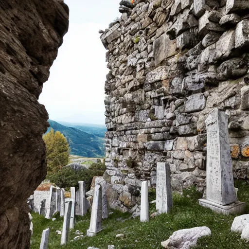 Prompt: A movie still of a rocky hillside in Italy with ancient stone obelisks leading up the hill to a large stone intricately detailed ancient temple. There are faded tattered blue flags hanging from the temple. Walking up the hill is a man in a quilted gambenson with a sword. Wide shot, sunny cloudy day, dappled lighting