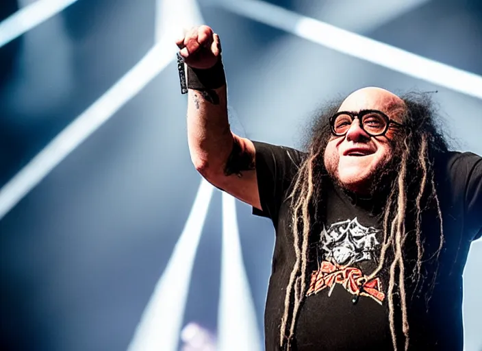 Image similar to publicity photo still of danny devito touring with korn live on stage, 8 k, live concert lighting, mid shot