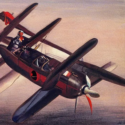 Image similar to a charles r knight painting of a yokai piloting a propeller plane