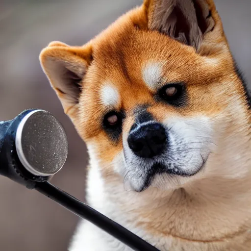 Image similar to close - up portrait of shiba inu holding huge mace in paws, ( eos 5 ds r, iso 1 0 0, f / 8, 1 / 1 2 5, 8 4 mm, postprocessed, sharp )