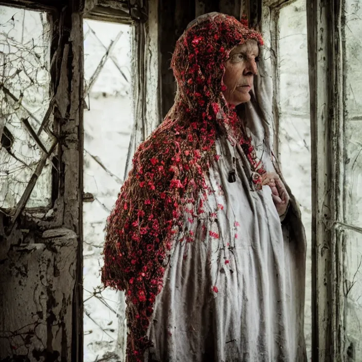 Image similar to a woman wearing a hooded cloak made of zinnias and barbed wire, in a derelict house, by Michela Riva, natural light, detailed face, CANON Eos C300, ƒ1.8, 35mm, 8K, medium-format print