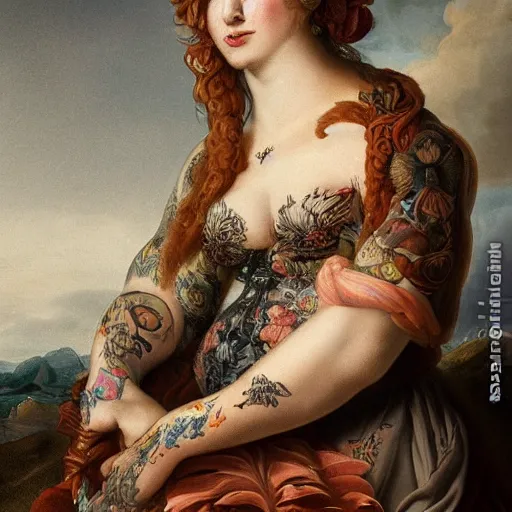 Image similar to ultra detailed, 4 k portrait of a tattooed woman in baroque dress by rachel ruysch