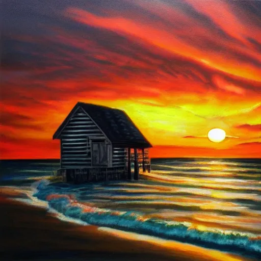 Prompt: sunset over a wooden cabin on the coast, sea, oil painting