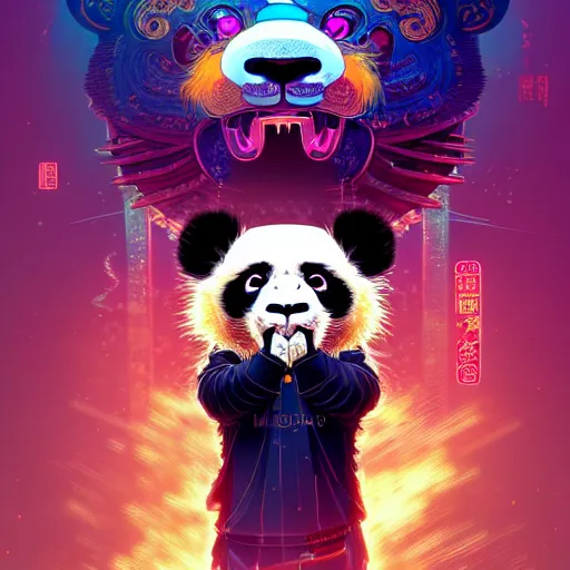 Image similar to a beautiful hyperdetailed character design 4 k wallpaper illustration of a cute panda with a chinese lion dance head victo ngai cyberpunk style, from china, style of studio ghibli, makoto shinkai, raphael lacoste, louis comfort tiffany, artgerm, james jean, ross tran, chinese style