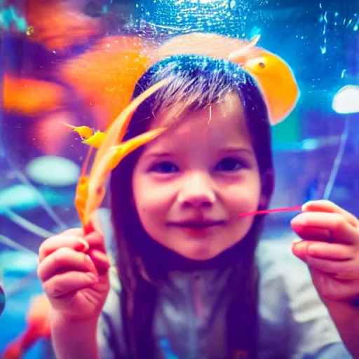 Image similar to closeup portrait of beautiful kid looking through a aquarium fish ball in a tent, mandarin fish, at night with neon lights, excitement, surprise, happiness, professional photoshoot, kodak portra, photographed in film, soft and detailed, realistic, bokeh