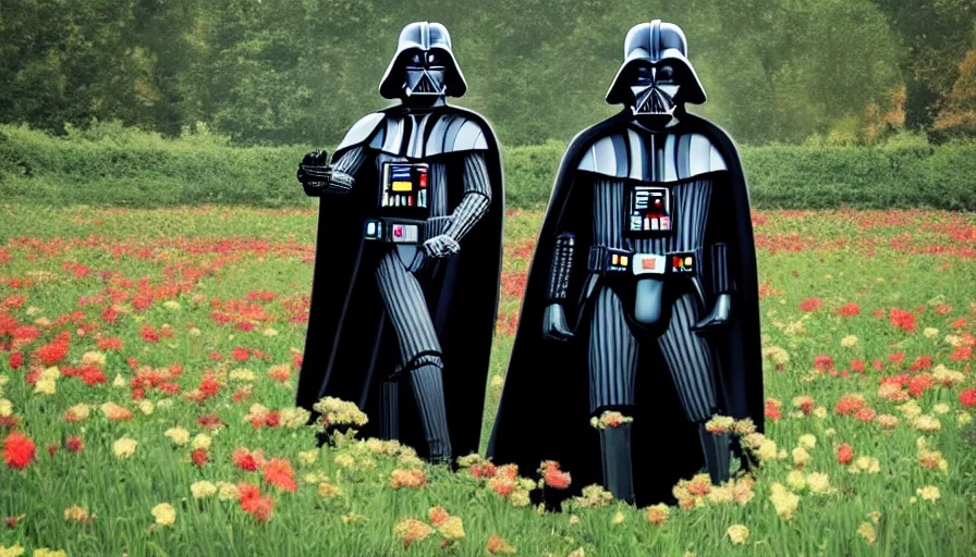 Prompt: wide shot of darth vader going through a field of flowers, realistic, detailed