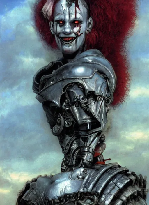 Image similar to portrait of a diabolical cyborg clown warrior girl, torn cape, adaptive armor, dynamic pose, heavy eyes to the side, ancient ruins, glowing veins subsurface scattering, in clouds, sunset, portrait, by gerald brom, by mikhail vrubel, by peter elson, muted colors, extreme detail, reflections, trending on artstation, 8 k