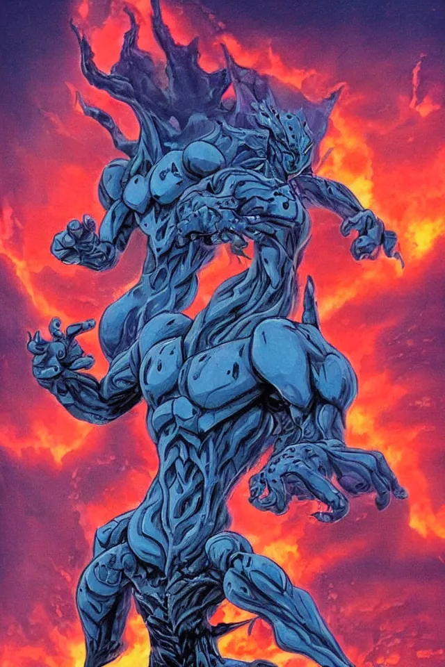 Prompt: The Dark Guyver Battles Kaiju On An Alien Planet With A Volcano Erupting In The Background,Full Figure,s Yasushi Nirasawa Cartoon Anime Style