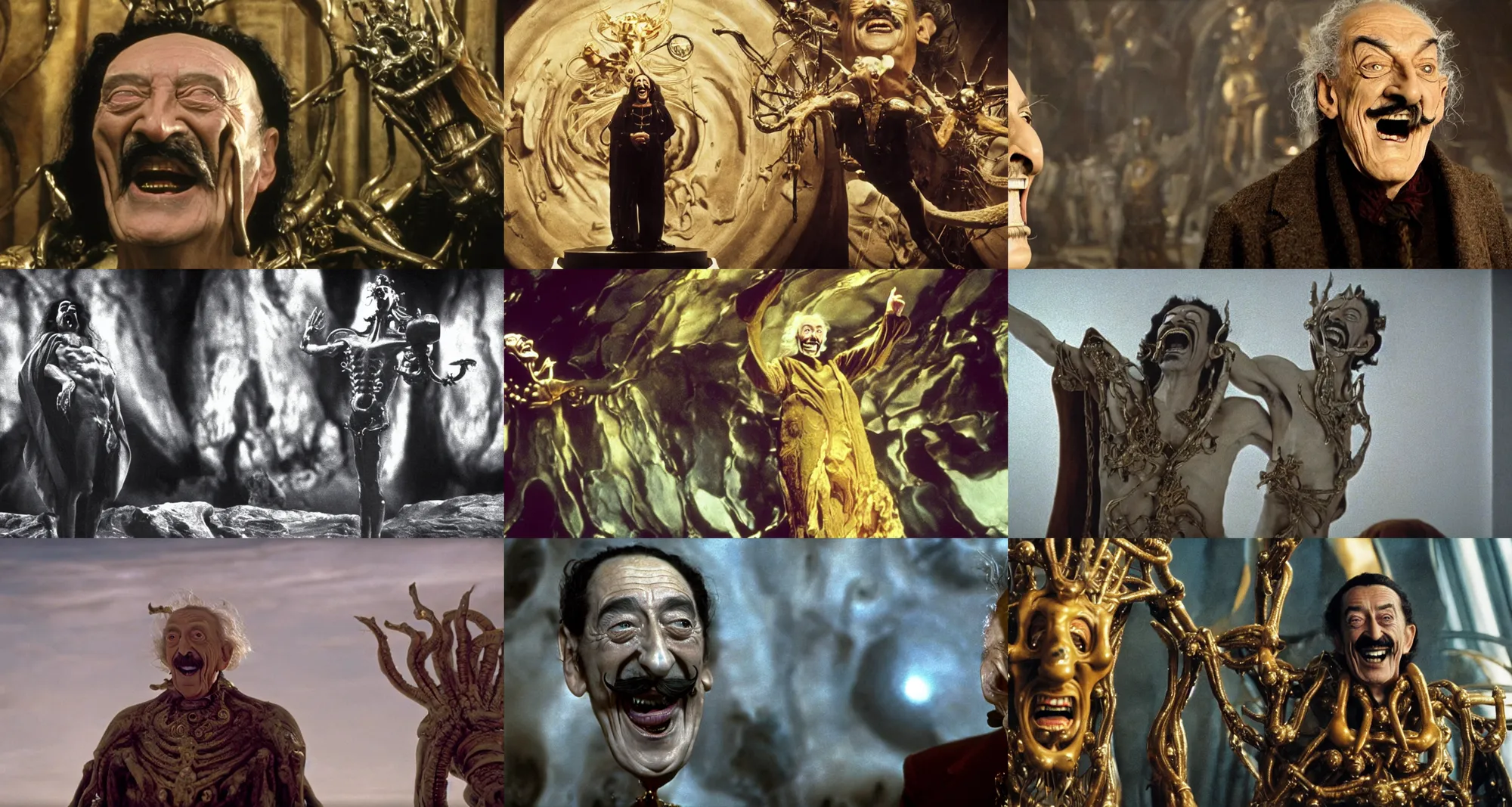 Prompt: the full body shot of laughing salvador dali in the role of emperor of universe | still frame from the prometheus movie by ridley scott with cinematogrophy of christopher doyle and art direction by hans giger, anamorphic bokeh and lens flares, 8 k, higly detailed masterpiece