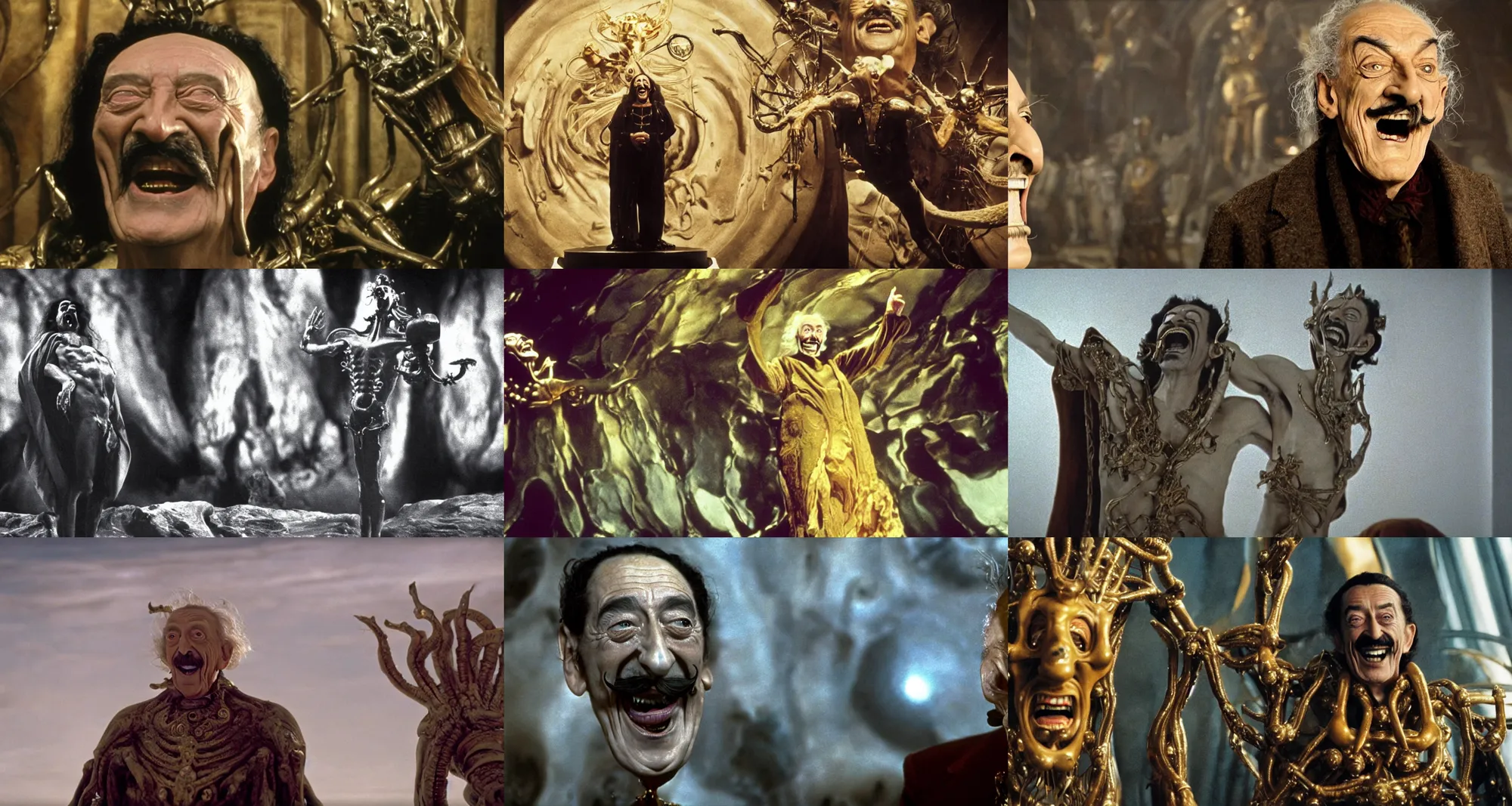 Image similar to the full body shot of laughing salvador dali in the role of emperor of universe | still frame from the prometheus movie by ridley scott with cinematogrophy of christopher doyle and art direction by hans giger, anamorphic bokeh and lens flares, 8 k, higly detailed masterpiece