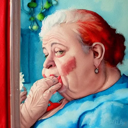 Image similar to a very funny stylize oil painting in cinematic style of a sweet fat old woman kissing her reflection. symmetry face, red mouth, blue eyes. flowery dress. hyper realistic scene. 3 d, octane render, deep focus, white scene. very funny and sweet image. unreal engine. watercolor. fellini style. poster quality. klee style.