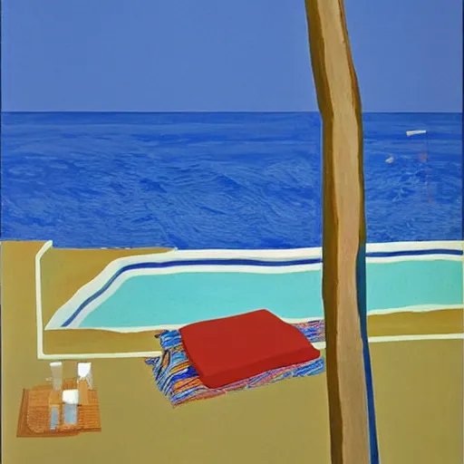 Prompt: Solitude by the seaside by David Hockney, 1975, exhibition catalog