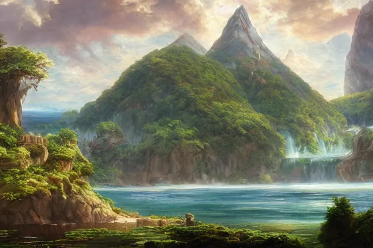 Image similar to an island from afar with forests and a mountain in open ocean, art by Sophie Anderson, artstation, highly detailed, magic the gathering art