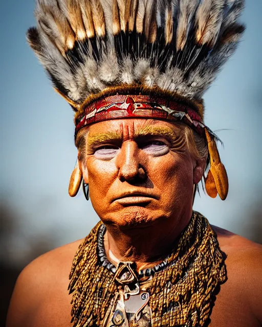 Prompt: a portrait photograph of Donald Trump as a Bronze Age tribal chief, DSLR photography